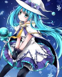  aqua_hair cape commentary_request female fingerless_gloves gloves green_eyes hair_ribbon hat hatsune_miku highres itouri long_hair pantyhose ribbon skirt snowflakes solo suki!_yuki!_maji_magic_(vocaloid) twintails very_long_hair vocaloid wand witch_hat yuki_miku yuki_miku_(2014) 