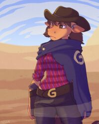  2015 anthro belt biped bottomwear bovid bovine brown_eyes clothed clothing cowboy_hat denim denim_bottomwear denim_clothing female flannel gun gunslinger hair handgun hat headgear headwear holster jeans letter mammal pants pistol plaid ranged_weapon shirt solo standing strawberryneko topwear weapon western 