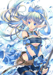  bahamut_lagoon belt black_gloves black_thighhighs blue_bow blue_eyes bow breasts cleavage_cutout clothing_cutout commentary_request earrings ecatrina elf female fingerless_gloves gloves hairbow holding holding_staff ice jewelry long_hair medium_breasts pointy_ears solo staff standing thighhighs touka_(jue) underboob white_hair 