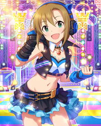  animal_ear_headphones animal_ears artist_request belt brown_hair cat_ear_headphones character_name cropped_jacket detached_collar fake_animal_ears female green_eyes headphones idolmaster idolmaster_cinderella_girls jpeg_artifacts midriff official_art over_the_collar_(idolmaster) short_hair skirt smile solo sparkle tada_riina 