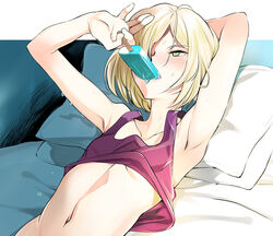  1boy arm_up armpits blonde_hair blush clothes_lift coin_rand commentary_request food green_eyes hair_over_one_eye male_focus midriff navel popsicle shirt_lift tank_top upper_body yuri!!!_on_ice yuri_plisetsky 