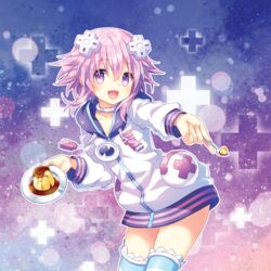  :d choker commentary_request d-pad d-pad_hair_ornament female food hair_between_eyes hair_ornament holding holding_spoon hood hooded_jacket jacket leaning_forward looking_at_viewer narinn neptune_(neptunia) neptune_(series) open_mouth pudding purple_eyes purple_hair short_hair smile solo spoon striped_clothes striped_thighhighs thighhighs 