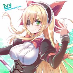  bad_id bad_pixiv_id blonde_hair bow character_name copyright_name eyepatch female flower_knight_girl green_eyes hairband hairbow ivy_(flower_knight_girl) juliet_sleeves long_hair long_sleeves looking_at_viewer print_eyepatch puffy_sleeves red_bow ribucci smile solo underbust upper_body 