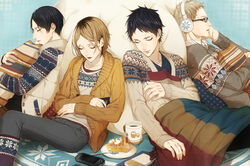  4boys akaashi_keiji bad_id bad_pixiv_id black_hair blanket blonde_hair book cake commentary_request cup drink food game_console glasses grey_hair haikyuu!! headphones highres hugging_object kozume_kenma kunimi_akira male_focus multiple_boys pants pillow pillow_hug shirosaki_(233144) sleeping sweater tsukishima_kei 