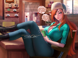  1girls big_breasts boots breasts cellphone chair cleavage desk disney english_text feet_on_desk female female_only freckles gravity_falls green_shirt hat indoors jeans leaning_back legs_crossed legs_folded light-skinned_female light_skin long_hair mystery_shack phone redhead sakimichan solo speech_bubble talking_to_self thin_arms wendy_corduroy 