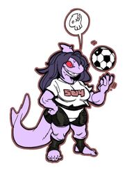  1female jamie_(mangneto) long_hair_female mangneto muscular_female shark_girl shark_tail smiling soccer_ball solo_female sweating 