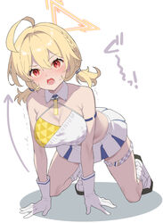  ahoge all_fours ariko_youichi bare_shoulders blonde_hair blue_archive blush breasts cheerleader cleavage commentary_request crop_top female full_body gloves halo kotori_(blue_archive) kotori_(cheer_squad)_(blue_archive) medium_breasts millennium_cheerleader_outfit_(blue_archive) open_mouth red_eyes simple_background skirt solo sweat trembling twintails white_background white_footwear white_gloves white_skirt yellow_halo 