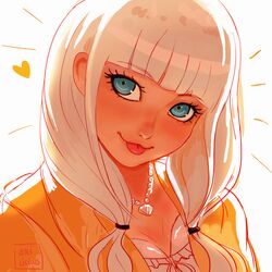  :3 :p absurdres artist_name blue_eyes blunt_bangs breasts commentary_request danganronpa_(series) danganronpa_v3:_killing_harmony dark_skin female heart highres jacket jewelry long_hair looking_at_viewer low_twintails missarilicious necklace orange_jacket shell shell_necklace simple_background smile solo tongue tongue_out twintails white_background yonaga_angie 