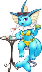  2020 3_toes 4_fingers alpha_channel anthro anthrofied berry beverage big_tail bikini blue_body blue_skin breasts clothing container cup digital_media_(artwork) ear_frill eeveelution eyelashes eyewear eyewear_on_head feet female fingers food frill_(anatomy) fruit furniture generation_1_pokemon glass glass_container glass_cup glass_table head_crest head_frill holding_container holding_cup holding_object looking_at_viewer navel neck_frill nintendo open_mouth open_smile oran_berry pecha_berry plant plate pokemon pokemon_(species) pokemon_berry pokemorph purple_eyes pyritie rawst_berry simple_background sitting smile solo stool straw_(disambiguation) sunglasses sunglasses_on_head swimwear table tail thick_tail thick_thighs toes transparent_background vaporeon yellow_bikini yellow_clothing yellow_swimwear 