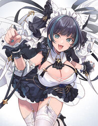  :3 :d anchor_symbol animal_ears apron aqua_eyes azur_lane black_apron black_footwear black_hair black_neckwear blue_eyes blue_nails blush breasts cheshire_(azur_lane) cleavage clenched_hands commentary cowboy_shot detached_collar detached_sleeves dress fake_animal_ears female frilled_apron frilled_hairband frilled_ribbon frills garter_straps hair_intakes hairband high_heels highres large_breasts long_ribbon looking_at_viewer maid_headdress multicolored_hair nail_polish oerba_yun_fang open_mouth paw_pose puffy_detached_sleeves puffy_sleeves ribbon short_hair sidelocks simple_background skin_fang sleeveless sleeveless_dress smile solo standing standing_on_one_leg streaked_hair thighhighs white_background white_dress white_thighhighs wrist_cuffs yuko_(uc_yuk) zettai_ryouiki 