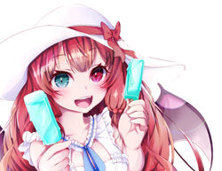  blue_eyes demon_wings double_popsicle dress female food hat heterochromia koshinaka-zz long_hair looking_at_viewer nijisanji open_mouth popsicle red_eyes red_hair solo sun_hat virtual_youtuber white_dress wings yuzuki_roa yuzuki_roa_(3rd_costume) 