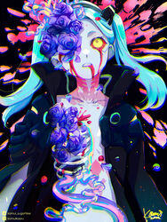  alternate_body_fluid artificial_eye black_jacket blood blood_from_eyes blood_from_mouth colored_sclera colored_skin corpse cyberpunk_(series) cyberpunk_edgerunners death female flower flower_over_eye green_hair guro highres jacket kamui_(kamuikaoru) mechanical_eye neck_tattoo open_clothes open_jacket petals pink_tattoo rebecca_(cyberpunk) red_eyes red_sclera signature solo spoilers stomach_tattoo symbol_in_eye tattoo twintails twitter_username white_skin yellow_eyes 