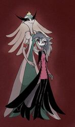  avian bird clothed clothing crown cuttoncandyhair daughter_(lore) demon dress duo feathers female hand_behind_back hand_on_shoulder headgear helluva_boss mother_(lore) mother_and_child_(lore) mother_and_daughter_(lore) octavia_(helluva_boss) owl parent_(lore) parent_and_child_(lore) parent_and_daughter_(lore) simple_background smile stella_(helluva_boss) tail tail_feathers 