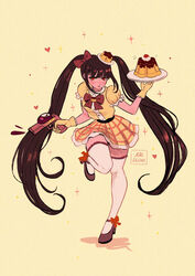  alternate_costume alternate_hairstyle artist_name belt black_belt black_hair blush bow bowtie collared_shirt commentary danganronpa_(series) danganronpa_v3:_killing_harmony dress_shirt english_commentary female food food_on_head frills frown full_body gloves gun hair_ornament hairbow harukawa_maki heart holding holding_gun holding_weapon leg_up long_hair looking_at_viewer missarilicious mole mole_under_eye object_on_head pudding puffy_short_sleeves puffy_sleeves red_bow red_bowtie red_eyes shirt shoes short_sleeves skirt solo sparkle standing standing_on_one_leg thighhighs twintails very_long_hair weapon white_gloves white_thighhighs zettai_ryouiki 