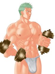  1boy abs bara biceps bulge dumbbell exercising facial_hair feet_out_of_frame flexing_pectorals fundoshi green_hair highres japanese_clothes large_pectorals long_sideburns looking_to_the_side male_focus masanori muscular muscular_male one_piece pectorals roronoa_zoro short_hair sideburns sideburns_stubble solo standing strongman_waist stubble thank_you weightlifting 