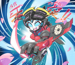  autobot blue_eyes charging_forward chibi dynamic_pose energy_sword female holding holding_sword holding_weapon humanoid_robot looking_at_viewer mecha mechanical_wings no_pupils open_mouth petals robot robot_girl solo sunafuki_tabito sword the_transformers_(idw) transformers weapon windblade wings 