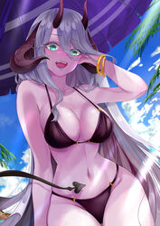  :d absurdres adjusting_hair afk_arena aqua_eyes aqua_lips bare_shoulders bikini black_bikini blue_sky bracelet breasts cleavage cloud collarbone colored_skin day demon_girl demon_horns demon_tail female grey_hair hair_between_eyes hanasawa_(pixiv53877974) highres horns jewelry large_breasts long_hair looking_at_viewer mehira_(afk_arena) multiple_horns navel outdoors palm_tree purple_skin sky smile solo swimsuit tail tree very_long_hair 