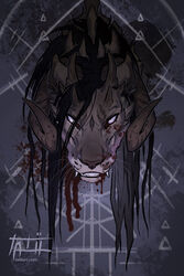  black_hair blood bodily_fluids charr felid feline fur grey_body grey_fur guild_wars hair headshot_portrait hi_res horn mammal multicolored_body multicolored_fur portrait tatiilange two_tone_body two_tone_fur video_games 