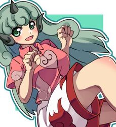  aqua_background aqua_hair border breasts buttons cloud_print commentary_request curly_hair female green_eyes heart horns komainu komainu_ears komano_aunn long_hair medium_breasts one-hour_drawing_challenge paw_pose red_shirt renshirenji shirt shorts simple_background single_horn solo touhou two-tone_background white_border white_shorts 