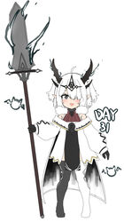  :d absurdres bailingxiao_jiu black_footwear black_gloves black_thighhighs blush boots chinese_commentary commentary_request fangs female full_body gloves grey_eyes hair_over_one_eye headpiece highres holding holding_polearm holding_weapon horns jacket long_sleeves looking_at_viewer multiple_horns off-shoulder_jacket off_shoulder original partial_commentary pelvic_curtain pointy_ears polearm puffy_long_sleeves puffy_sleeves simple_background sleeves_past_wrists smile solo standing thigh_boots thighhighs weapon white_background white_footwear white_hair white_jacket white_thighhighs 