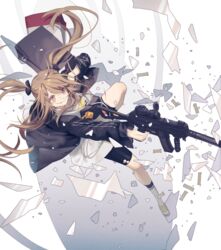  arm_up bag black_bag black_jacket black_shorts blood blood_on_face blood_on_leg bow brown_eyes brown_hair closed_mouth commentary_request female full_body girls&#039;_frontline gun h&amp;k_ump hair_ornament hairbow hairpin heckler_&amp;_koch highres holding holding_gun holding_weapon id_card jacket licking_lips long_hair long_sleeves looking_away official_alternate_costume open_clothes open_jacket print_shirt rabb_horn sandals shirt shorts shoulder_bag smile socks solo submachine_gun tongue tongue_out torn_clothes torn_shirt twintails ump9_(bee&#039;s_knees)_(girls&#039;_frontline) ump9_(girls&#039;_frontline) weapon white_shirt white_socks 