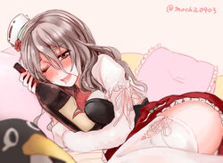  ;d alcohol between_breasts blush bottle breasts brown_eyes drunk failure_penguin female grey_hair hair_between_eyes holding holding_bottle kantai_collection large_breasts long_hair long_sleeves lying moka_(mocha0403) on_side one-hour_drawing_challenge one_eye_closed open_mouth pillow pleated_skirt pola_(kancolle) red_skirt saliva skirt smile thighhighs twitter_username white_legwear 