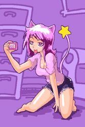  2:3 animal_humanoid bottomwear breasts camera cat_humanoid chair cleavage clothed clothing drawer eyebrow_piercing facial_piercing felid felid_humanoid feline feline_humanoid female furniture hair humanoid kneeling mammal mammal_humanoid minus8 piercing pink_eyes pink_hair selfie shorts solo star tongue tongue_out tongue_piercing torn_clothing 