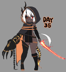  absurdres bailingxiao_jiu black_cloak black_footwear black_sclera boots chinese_commentary claw_(weapon) clenched_teeth cloak colored_sclera commentary_request dark-skinned_female dark_skin female fiery_tail flaming_sword flaming_weapon full_body grey_background groin hair_between_eyes highres holding holding_sword holding_weapon hood hood_up hooded_cloak horns knee_boots mismatched_sclera multicolored_hair orange_hair original parted_lips partial_commentary pelvic_curtain pointy_ears red_eyes simple_background single_knee_boot solo standing streaked_hair sword tail teeth v-shaped_eyebrows weapon white_hair 