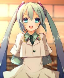  aqua_eyes aqua_hair aqua_necktie aqua_shirt arms_behind_back blurry blurry_background commentary dress female food-themed_hair_ornament hair_ornament hatsune_miku long_hair looking_at_viewer necktie open_mouth project_diva_(series) ryuuga_sazanami school_(module) shirt smile solo spring_onion spring_onion_hair_ornament sunset twintails uniform upper_body very_long_hair vocaloid white_dress white_uniform 