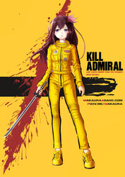  anchor_symbol beatrix_kiddo beatrix_kiddo_(cosplay) blood blood_splatter brown_hair bruce_lee&#039;s_jumpsuit commentary cosplay english_commentary english_text female full_body highres holding holding_sword holding_weapon jacket kantai_collection katana kill_bill kisaragi_(kancolle) long_hair pants parody purple_eyes shoes sneakers solo sword title_parody wakaura_asaho watermark weapon web_address yellow_jacket yellow_pants 