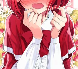  blush bow bowtie capelet commentary_request embarrassed female food fruit head_out_of_frame katayama_kei leaf long_sleeves nose_blush okazaki_yumemi open_mouth playing_with_hair playing_with_own_hair red_bow red_bowtie red_capelet red_hair shirt solo strawberry touhou touhou_(pc-98) twirling_hair white_shirt 