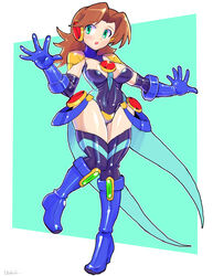  armor between_breasts blue_footwear blue_gloves blue_leotard blue_thighhighs boots breasts brown_hair casual_one-piece_swimsuit commentary elbow_gloves female full_body genderswap_(mtf) gloves green_eyes highres knee_boots knees_together_feet_apart large_breasts leotard long_hair looking_at_another mega_man_(series) mega_man_battle_network_(series) megaman.exe netnavi one-piece_swimsuit oomasa_teikoku open_mouth parted_bangs pigeon-toed rule_63 shiny_skin shoulder_armor solo spread_fingers standing standing_on_one_leg swimsuit thighhighs turtleneck turtleneck_leotard turtleneck_one-piece_swimsuit two-tone_background 