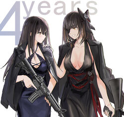  2girls assault_rifle black_dress black_hair blue_dress bow breasts brown_eyes cleavage criss-cross_halter dress eye_contact eyepatch girls&#039;_frontline grin gun hairbow halterneck hand_on_another&#039;s_shoulder highres jacket jacket_on_shoulders kisetsu leather leather_jacket long_hair looking_at_another m16 m16a1 m16a1_(blazer_of_the_trail)_(girls&#039;_frontline) m16a1_(girls&#039;_frontline) m4_carbine m4a1_(girls&#039;_frontline) m4a1_(suspender_of_time)_(girls&#039;_frontline) medium_breasts mole mole_under_eye multicolored_hair multiple_girls photoshop_(medium) rifle sidelocks simple_background smile streaked_hair trigger_discipline weapon 