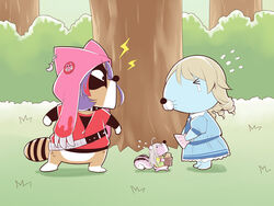  &gt;_&lt; animal animal_ears animal_focus animal_hood araiguma_(bonobono) bad_id bad_pixiv_id blue_dress bonobono bonobono_(character) brown_hair closed_eyes cosplay day dress facing_another fake_animal_ears flying_sweatdrops grass green_skirt grey_hair hayasaka_mirei hayasaka_mirei_(cosplay) holding hood hood_up hoshi_syoko hoshi_syoko_(cosplay) idolmaster idolmaster_cinderella_girls jacket lightning_bolt_symbol looking_at_another morikubo_nono morikubo_nono_(cosplay) multicolored_hair no_humans otter outdoors photoshop_(medium) profile puffy_short_sleeves puffy_sleeves purple_hair raccoon red_hair red_jacket ringlets seashell shell shimarisu_(bonobono) short_sleeves skirt squirrel streaked_hair tears tree uccow 