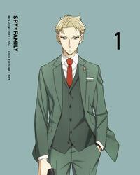  1boy blonde_hair blu-ray_cover cover dvd_cover formal green_background green_eyes gun hand_in_pocket highres holding holding_gun holding_weapon jacket looking_at_viewer male_focus necktie official_art pants red_necktie shimada_kazuaki short_hair simple_background solo spy_x_family suit twilight_(spy_x_family) vest watch weapon 