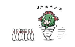  blush bow bowling bowling_pin chibi female frilled_ribbon frills front_ponytail green_eyes green_hair hairbow kagiyama_hina medium_hair renge_(geso) ribbon simple_background solo sound_effects spinning touhou whirlwind white_background 