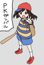  arm_at_side backpack bag baseball_bat baseball_cap blue_shorts blush brown_bag brown_hair commentary cosplay dot_nose female floating_hair full_body grey_background hat highres hitori_bocchi hitoribocchi_no_marumaru_seikatsu holding holding_baseball_bat katsuwo_(cr66g) long_hair mother_(game) mother_2 ness_(mother_2) ness_(mother_2)_(cosplay) open_mouth outstretched_hand red_eyes red_footwear red_hat shirt shoes shorts simple_background sneakers socks solo speech_bubble split_mouth standing striped_clothes striped_shirt t-shirt translated two-tone_shirt white_socks 