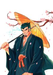  1boy alternate_costume black_hair blush cherry_blossoms collarbone commentary commission cowboy_shot danganronpa_(series) danganronpa_2:_goodbye_despair facial_hair goatee grin hand_up highres holding holding_umbrella japanese_clothes kimono long_sleeves looking_at_viewer male_focus missarilicious muscular muscular_male nidai_nekomaru oil-paper_umbrella over_shoulder parasol pectorals petals scar scar_across_eye scar_on_face short_hair simple_background smile solo teeth umbrella white_background wide_sleeves 