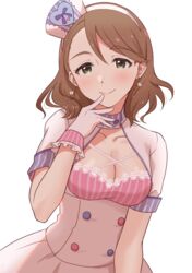  blush breasts brown_hair cleavage collarbone dress earrings emu_(emum) female finger_to_mouth gloves green_eyes hand_up hat highres idolmaster idolmaster_cinderella_girls idolmaster_cinderella_girls_starlight_stage jewelry large_breasts looking_at_viewer medium_hair smile solo white_gloves yanagi_kiyora 