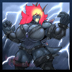  anthro big_breasts bowser bowser&#039;s_fury breasts cleavage clothed clothing electricity female fury_bowser hi_res huge_breasts koopa lightning mario_bros muscular muscular_female neosavias nintendo non-mammal_breasts raining rule_63 scalie solo 