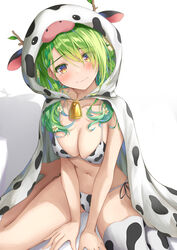  absurdres animal_print antlers bell bikini bikini_under_clothes blush branch breasts cape ceres_fauna cleavage closed_mouth collarbone cow_hood cow_print cow_print_bikini female finale flower green_hair hair_flower hair_ornament highres hololive hololive_english hood hooded_cape horns large_breasts leaf long_hair looking_at_viewer mole mole_under_eye navel neck_bell print_bikini shadow side-tie_bikini_bottom simple_background single_thighhigh sitting solo stomach swimsuit thighhighs virtual_youtuber wariza white_background yellow_eyes 