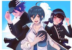  2boys adjusting_clothes adjusting_headwear ahoge artist_name baseball_cap black_hair black_headwear black_jacket black_necktie black_scrunchie blue_background blue_hair border breasts brown_eyes collarbone collared_shirt commentary cosplay danganronpa_(series) danganronpa_v3:_killing_harmony facial_hair female goatee grin hair_between_eyes hair_ornament hair_scrunchie hand_up harukawa_maki hat jacket jacket_on_shoulders long_hair long_sleeves looking_at_viewer low_twintails medium_breasts missarilicious momota_kaito multiple_boys necktie open_mouth pinstripe_pattern purple_eyes red_eyes saihara_shuichi saihara_shuichi_(cosplay) scrunchie shirt short_hair smile spiked_hair striped_clothes striped_jacket striped_shirt twintails upper_body white_border white_shirt 