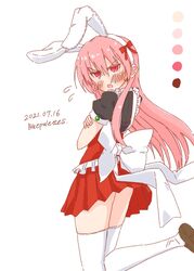  :o animal_ears apron bluepalettes blush bow color_guide crossed_arms dated dress_bow embarrassed fake_animal_ears female flying_sweatdrops frilled_apron frills from_behind headband highres leg_up long_hair looking_at_viewer looking_back open_mouth pink_hair pleated_skirt rabbit_ears red_bow red_eyes red_skirt short_sleeves simple_background skirt solo standing standing_on_one_leg sweatdrop thighhighs tonikaku_kawaii white_apron white_background white_headband white_thighhighs yuzaki_tsukasa zettai_ryouiki 