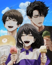  2boys black_eyes black_shirt blackbox_(blackbox9158) closed_eyes cloud cloudy_sky commentary_request crossed_bangs day expressionless female food han_sooyoung hand_fan highres ice_cream ice_cream_cone kim_dokja korean_commentary looking_afar multiple_boys omniscient_reader&#039;s_viewpoint open_mouth shirt short_hair sky smile sweat teeth white_shirt yoo_joonghyuk 