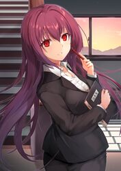  alternate_costume bad_id bad_pixiv_id black_jacket black_skirt breasts business_suit dress_shirt fate/grand_order fate_(series) female formal highres indoors jacket large_breasts long_hair notebook office_lady pen purple_hair red_eyes scathach_(fate) shirt skirt skirt_suit solo stairs stairwell suit teacher torottye very_long_hair window 