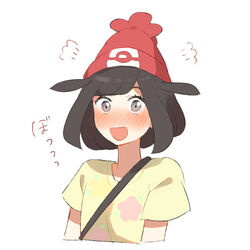  bag beanie blush commentary_request eyelashes female floral_print grey_eyes hat open_mouth pokemon pokemon_sm red_hat selene_(pokemon) shirt short_sleeves shoulder_bag smile solo t-shirt unapoppo upper_body yellow_shirt 