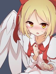  :o angel_wings blonde_hair blue_background blush bow bowtie collared_shirt commentary_request embarrassed feathered_wings female gengetsu_(touhou) hairbow inon long_sleeves looking_at_viewer nervous nose_blush open_mouth protected_link red_bow red_bowtie shirt short_hair skirt solo suspender_skirt suspenders sweatdrop touhou touhou_(pc-98) upper_body white_shirt white_skirt white_wings wings yellow_eyes 