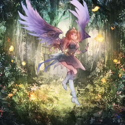  absurdres alternate_color alternate_hair_color bare_shoulders boots breasts brown_hair chinese_commentary dress duel_monster feathered_wings female flying forest grass hair_ornament hands_up highres hugin_the_runick_wings large_breasts medium_hair nature pink_eyes realpha solo standing standing_on_one_leg tree vambraces wings yu-gi-oh! 