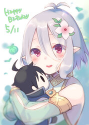  antenna_hair bare_shoulders blurry blush character_doll commentary_request dated detached_sleeves elf female flower green_sleeves grey_hair gucchiann hair_between_eyes hair_flower hair_ornament happy_birthday highres hugging_doll hugging_object kokkoro_(princess_connect!) long_sleeves looking_at_viewer parted_lips pink_flower pointy_ears princess_connect! puffy_long_sleeves puffy_sleeves red_eyes see-through see-through_sleeves short_hair smile solo upper_body yuuki_(princess_connect!) 