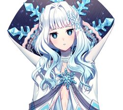  aqua_lipstick bangs blue_eyes blunt_bangs cape choker diamond-shaped_pupils female hair_intakes heart_of_the_woods high_collar lipstick long_hair makeup official_art pointy_ears rosuuri simple_background snowflake_pin snowflake_print solo symbol-shaped_pupils the_fairy_queen_(heart_of_the_woods) upper_body white_background 